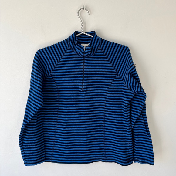 L.L. Bean Blue Striped Quarter Zip Pullover Fleece Mock Neck Size Large - Picture 1 of 5